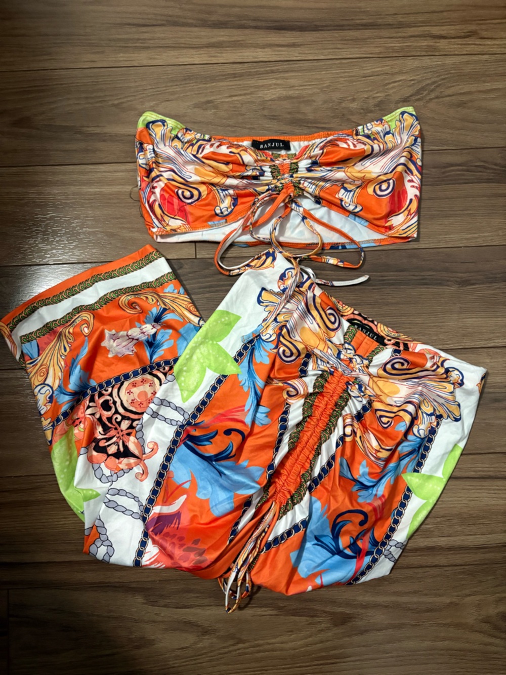 Vibrant Orange Baroque Print Two-Piece Skirt Set